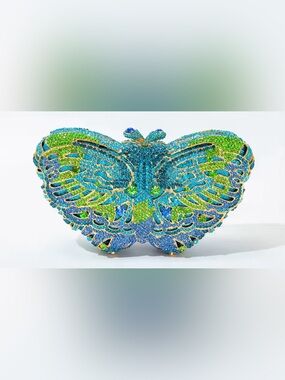Crystal Butterfly Minaudière Clutch in Blue & Green